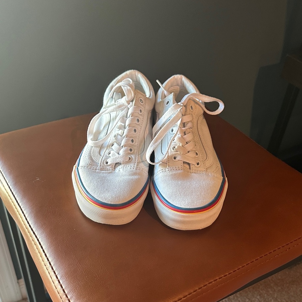 Vans White Sneakers with Rainbow Trim